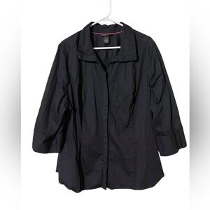 Lane Bryant Button Up Top Size 28 Black Blouse Collared 3/4 Sleeve Shirt Comfort